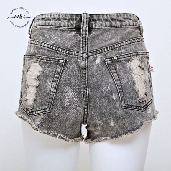 Mink Pink Thrashed Cutoff Distressed High Waist Fray Hem Button Fly Denim Shorts - Picture 8 of 14